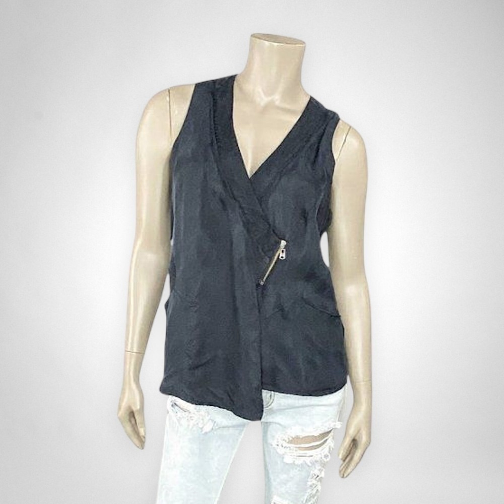 BUFFALO‎ DAVID BITTON Large Black Sleeveless Top Vest Zipper Detail & Red Lining